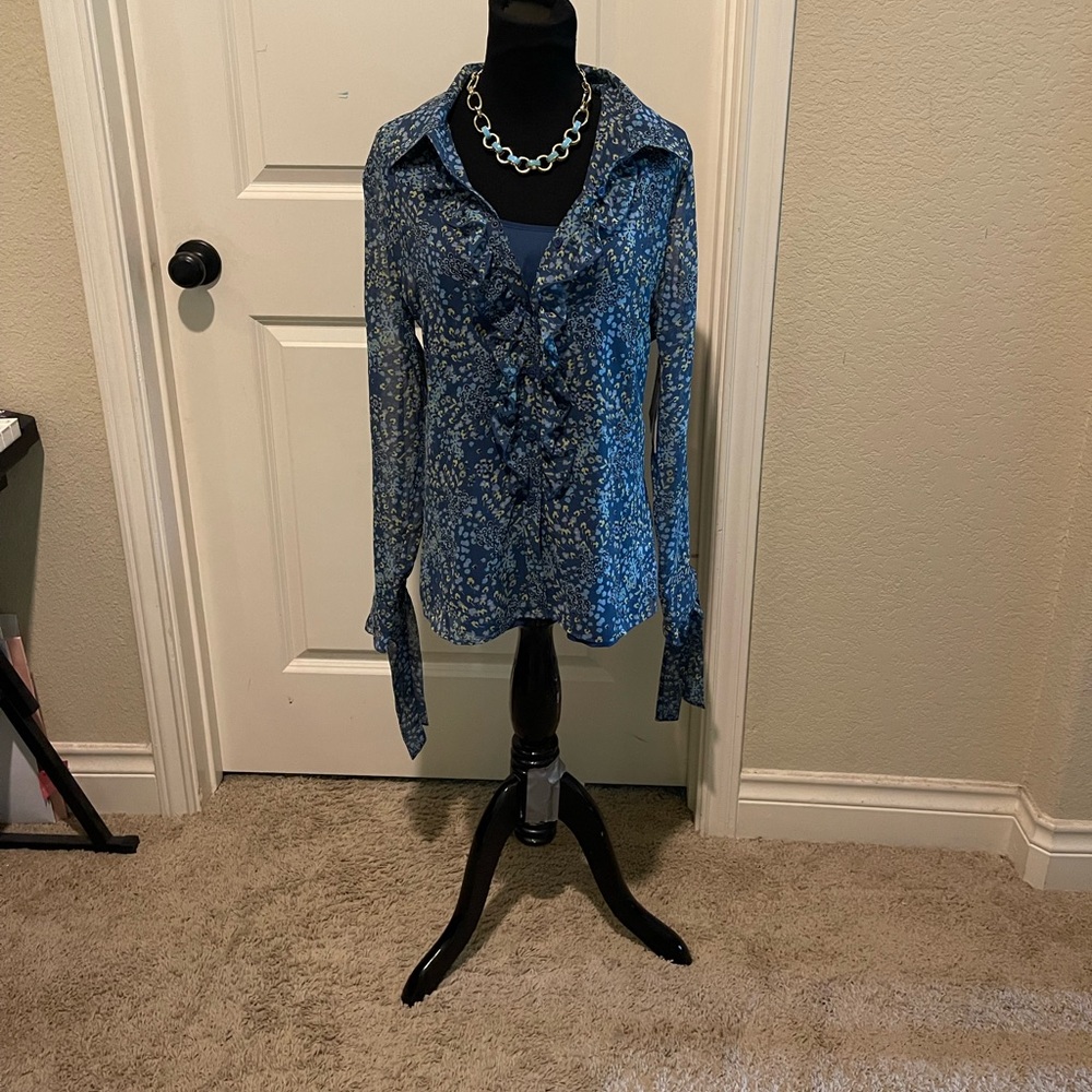 Floral blue and yellow button up blouse